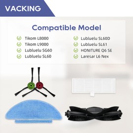 VACKING Replacement Parts Compatible with Tikom L9000, for Lubluelu SL60D, for HONITURE Q6 SE, for Laresar L6 Nex Accessories, 2 Main Brushes, 8 Side Brushes, 6 HEPA Filters, 6 Mop Cloths