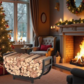 HXJLJY 30-inch Firewood Rack Outdoor Indoor with Log Carrier Bag, Stable Log Holder Rustproof Metal Wood Rack for Fireplace Patio Deck Firepit, Heavy Duty Firewood Storage Organizer Tool, Black