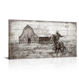 Horse Canvas Rustic Western Wall Art Large Cowboy and Barn Scene Print Picture Retro America Home Decor 20x40 inches