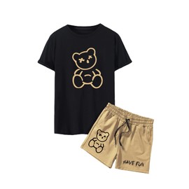 GORGLITTER Men's Casual 2 Piece Outfits Bear Graphic Print Tee and Drawstring Waist Track Shorts Set with Pockets Black and Brown Large