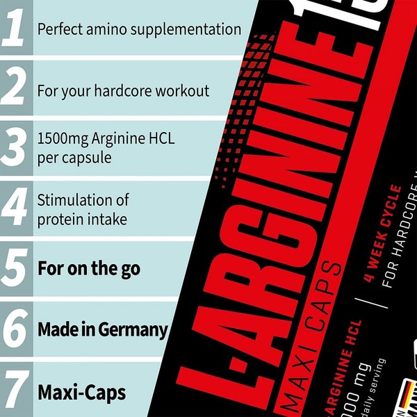 Body Attack L-Arginine 1500, 120 Caps - L-Arginine Capsules High Dose, Pre-Workout Product with 6000 mg L-Arginine HCL per Daily Serving for Hardcore Workouts