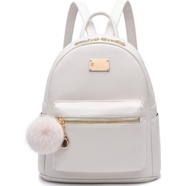 Girls Fashion Backpack Purse Leather Mini for Women Satchel School Bags with Pompom Travel Daypacks - Color: White