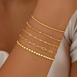 MKLUUO Gold Bracelets for Women, 14K Gold Plated Delicate Hypoallergenic Cartilage Adjustable Bracelet Set, Trendy Stackable Layered Chain Gold Bracelet for Women Gift