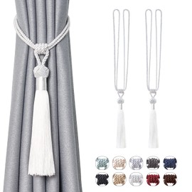Pretty Jolly Long Tassels Curtain Tiebacks Handmade Braided Rope Knot Draped Tiebacks Elegant Decorative Curtain Holdbacks for Home and Office, White, Pack of 2
