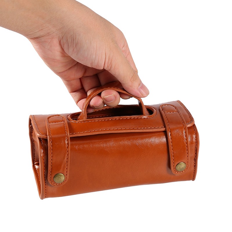 Fashion Men's Portable Cosmetic Pouch Brown PU Leather Shaving Brush
