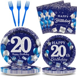 96 Pcs 20th Birthday Party Supplies Navy Blue and Silver Birthday Plates 20th Birthday Paper Tableware Happy Birthday Party Plates and Napkins Forks Blue Birthday Table Decorations for 24 Guests