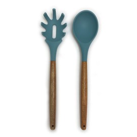 Prepara Acacia and Silicone Spaghetti and Solid Spoon set, Steel Blue