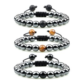 3Pcs Mens Triple Protection Bracelets Hematite Tiger Eye Lava Rock Healing Crystal Stone Adjustable Braided Bracelet for Bring Luck and Prosperity