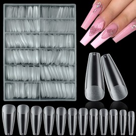LoveOurHome 600pc Long Coffin Fake Nails Tips Full Cover Gel X French False Nail Matte Clear Ballerina Soft Gel Artificial Fingernails 12 Sizes for Women Teen Grils Acrylic Nail Extension