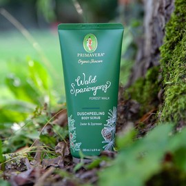 PRIMAVERA Forest Walk Shower Scrub 200 ml - Body Scrub, Natural Cosmetics - Cedar, Cypress Fragrance - Cleans with Mild Sugar Surfactants, Smoothes the Skin - Vegan