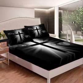 Feelyou 3D Cross Print Bed Sheet Set for Boys Girls Adults Holy Cross Fitted Sheet Western Culture Bedding Set Christian Exotic Bed Cover,Room Decor 3Pcs Sheets Full Size,Black