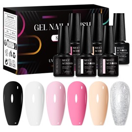 MEET ACROSS 6Pcs Gel Nail Polish with Glitter Gel Top Coat, Nude Pink Neutral Color Skin Tone Soak Off UV/LED Gel Polish Manicure Gift For Women 5 Colors