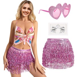 Raveparty Sequin Skirt, Sparkly Skirt, Glitter Tassel Skirts Belly Dancer Costume Women with Glasses Face Diamond for Woman Girl Carnival Dance Show (UK, Alpha, One Size, Regular, Regular, Pink)