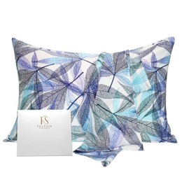 FELYSILK King Blue Leaf Pattern Silk Pillowcase for Hair and Skin 20"x36", 22 Momme Mulberry Silk Pillow Cases with Zipper