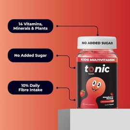 Tonic Health Kids Vitamins Gummies - 14 in 1 Kids Multivitamin with Vitamins A, C, D, E and Zinc, Strawberry Flavour, Month Supply (60 Count), Ages 3-12, No Added Sugar, No Sweeteners, Vegan