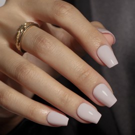 KQueenest Light Gray Press On Nails Short Coffin - Acrylic Press On Nails with Glue, Ballerina Medium Fake Nails Press ons, Glossy Nude Brown, Reusable Soft Gel Glue on Nails for Women, 30 Pcs