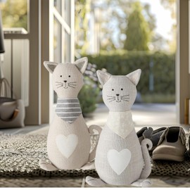 Cat Door Stops, Set of 2, Grey and White Woven Fabric, Black Embroidery Cotton, Linen, Polyester, & Filling, Weighted Prop, 12.5 Inches, 2.75 lbs. (Not a Toy)
