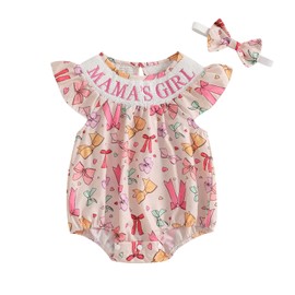 Mamas Girl Baby Girl Outfit Newborn Smocked Romper Bow Print Ruffle Sleeveless Bodysuit Headband Summer Clothes (Colorful, 3-6 Months)