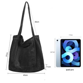 Etercycle Women's large capacity corduroy shoulder bag, retro handbag for everyday use, office, school trip and shopping, black, l,