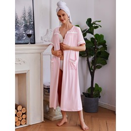 Ekouaer Women Zipper Robes Knit Short Sleeve House Coat Soft Bathrobe Full Length Housecoat Dressing Gown with Pockets