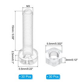 PATIKIL M3x15mm Clear Acrylic Screws and Hex Nuts Kit, 30 Set PC Plastic Phillips Round Head Bolts for Machine Accessories, Transparent