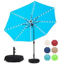 Sundale Outdoor Solar 80 LED 9 ft Patio Umbrella with Sand Bag Umbrella Base, Outdoor Umbrella with Tilt and Crank, Sky Blue