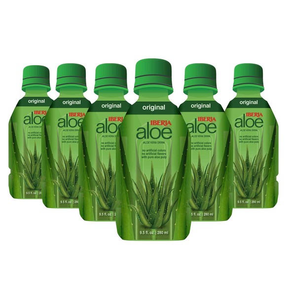 Iberia Aloe Vera Juice Drink, Original, 9.5 Fl Oz (Pack of 6), with Pure Aloe Pulp, Aloin-Free, No Artificial Flavors Preservatives or Colors, Gluten Free, Vegan, BPA Free Convenient Healthy Juice