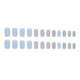 SWEKKE Press on Nails Short Square Summer Fake Nails Blue Full Cover Glue on Nails Glossy False Nails with Designs 24 Pcs