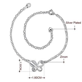 Boowhol Beautiful Lady Jewelry 925 Sterling Silver Elegant Crystal Butterfly Foot Chain Adjustable Anklet