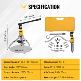 LFGUD Hydraulic Gear Puller 10 Ton 2 or 3 Jaws Hub Puller 9.84" Spread Hydraulic Puller Set Wheel Bearing Pulling Separator Hydraulic Puller Tool Kit with Case for CV Shaft Axle Rotors