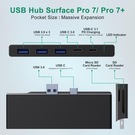 Surface Pro 7 Docking Station Hub, 7 in 2 Surface Pro 7 USB Adapter with Type-C 3.1[4K Display/60W/10Gbps Data]+Type-C 3.0+3 USB-A 3.0+TF/SD Card Slot, Surface Accessories Adapter for Surface Pro 7/7+