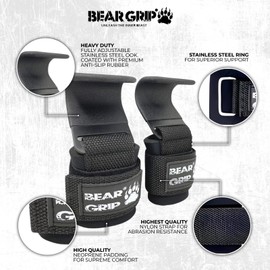 BEAR GRIP Weight Lifting Hooks, Non-Slip Rubberised Grips (Black)