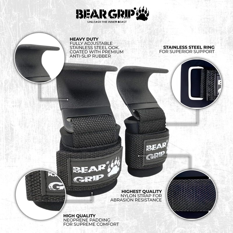 BEAR GRIP Weight Lifting Hooks, Non-Slip Rubberised Grips (Black)