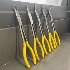 SINJEUN 5-Piece 11 Inch Nose Pliers Set, Long Reach Angle Pliers - Straight, 25, 45, 90 and Round. Yellow Rubber Grip