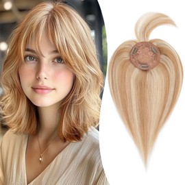 S-noilite Topper for Women Real Hair with Fringe 150% Density Toupee Hairpiece Real Hair Women's Hair Thickening for Thin Hair Mono Base 30 cm - 35 g #12/613 Light Golden Brown/White Blonde