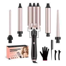 Olimit rizadora de cabello 5 en 1 cerámica rosa SM-528 con guantes, clips y peine                                                                     
