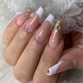 POKENGDA Prsess on Nails Long Coffin Fake Nails- French Press-On Nails Extra Long Pearls False Nails Gradients Press-On Nails Acrylic Nails for Women