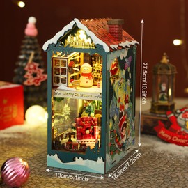 Foyucool DIY Book Nook Kit, Miniature Bookshelf Decor with LED Lights, Laser-Cut Wooden Craft Set for Adults, Creative Gift for Christmas, Birthday, Xmas, Merry Christmas