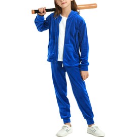 MessBebe Girls Sweatsuits Jogging Set Velour Tracksuit 2 Piece Outfits Zip Up Hoodies and Pants Sportswear Set Dark Blue 110