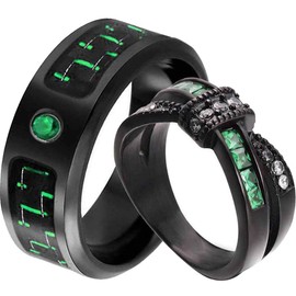 ringheart 2 Rings His and Hers Couple Rings Black Gold Filled Womens Wedding Band Princess Cut Green Cz Titanium Steel Mens Ring