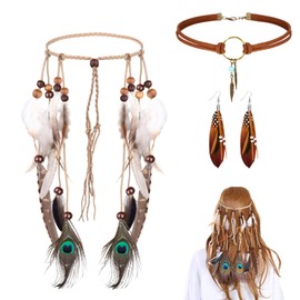 IWTBNOA Indian Headdress Set, Brown Indian Costume Women, Indian Hippie Boho Feather Headband, Feather Dangle Earrings, Leather Necklace, Bohemian Jewellery Set for Hippie Vintage Carnival Jewellery,
