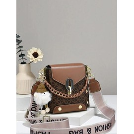 Fashionable Geometric Pattern Pu Leather Crossbody Bag As Gifts, 2025 New Versatile Shoulder Bags 2025 for Women, Trendy All-match Bag Charm Chain Flap Affordable Luxury Bag:_Brown_one-size