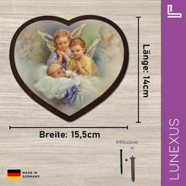 Lunexus Guardian Angel Picture Heart Shape 14 x 15.5 cm - Three Angels Pray Over Sleeping Baby - Blessed Wooden Wall Picture with Gold Contours & Certificate - Christening Birth Godparent Children's
