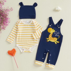 Infant Baby Boy Girl Spring Outfit Striped Long Sleeve Round Neck Romper Giraffe Embroidery Suspender Overall Pants Hat 3Pcs Set (Yellow, 0-3 Months)
