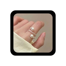 Jugielu Vintage Pearl Wrap Open Ring Silver Tiny Pearl Finger Ring Adjustable Knuckle Stacking Rings Jewelry for Women