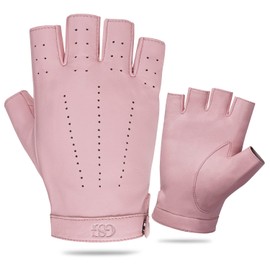 GSG Fingerless Leather Gloves Women's Genuine Leather Unlined Half Finger Driving Gloves Made of Sheepskin W200103, Pink (pink 2)