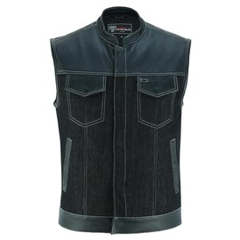 Vance Leather Men's Denim & Leather Motorcycle Vest with Dual Conceal Carry Pockets, SOA Biker Club Vest White Stitching, Snap & Zipper Closure (Black with White Stitching, X-Large)