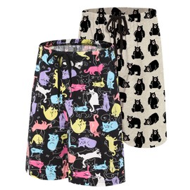 ENJOYNIGHT 2 Pack Mens Pajama Shorts Cotton Sleep Bottoms with Pockets & Drawstring(Large,Cat+Bear)