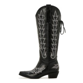 Black Wide Calf Cowboy Boots Women Knee High Tall Western Cowgirl Boots Adjustable Lace Up Plus Size Comfortable 2-Inch Heel Size 12 Wide