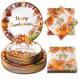 Dereinwo 150 Pcs Thanksgiving Paper Plates and Napkins Fall Pumpkin Autumn Party Plates Napkins Set Disposable Dinnerware Tableware for Thanksgiving Dinner Party, Serves 50